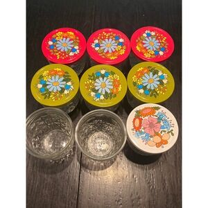 9 Vintage Ball Jars Quilted Crystal Jelly Glasses Metal Flower Lids 70s Retro